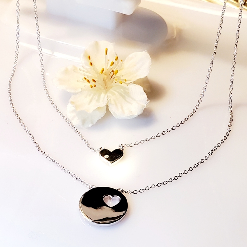 D3 NEW S925 Double Chain Heart and Disc Necklace